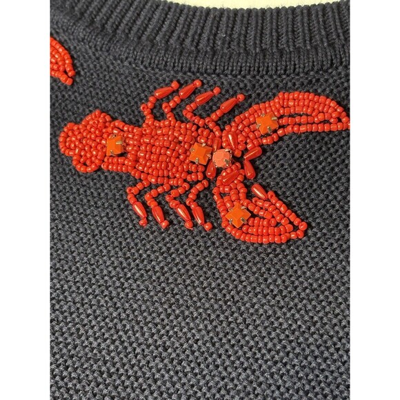NAVY LOBSTER BEADED SWEATER TOP 3/4 SLEEVE TEXTURED KNIT EUC PETITE SMALL - Picture 6 of 8
